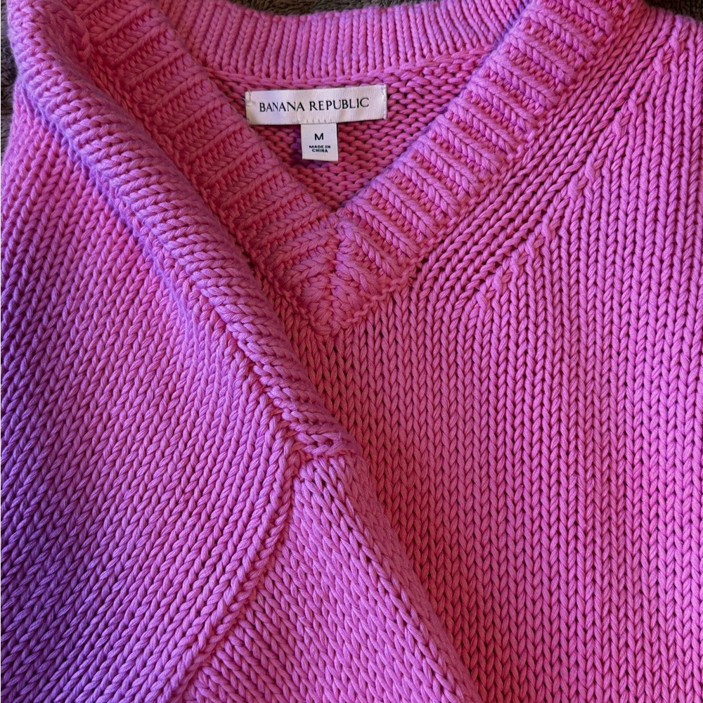 Banana Republic Bright Pink V-Neck Cotton Knit Sweater